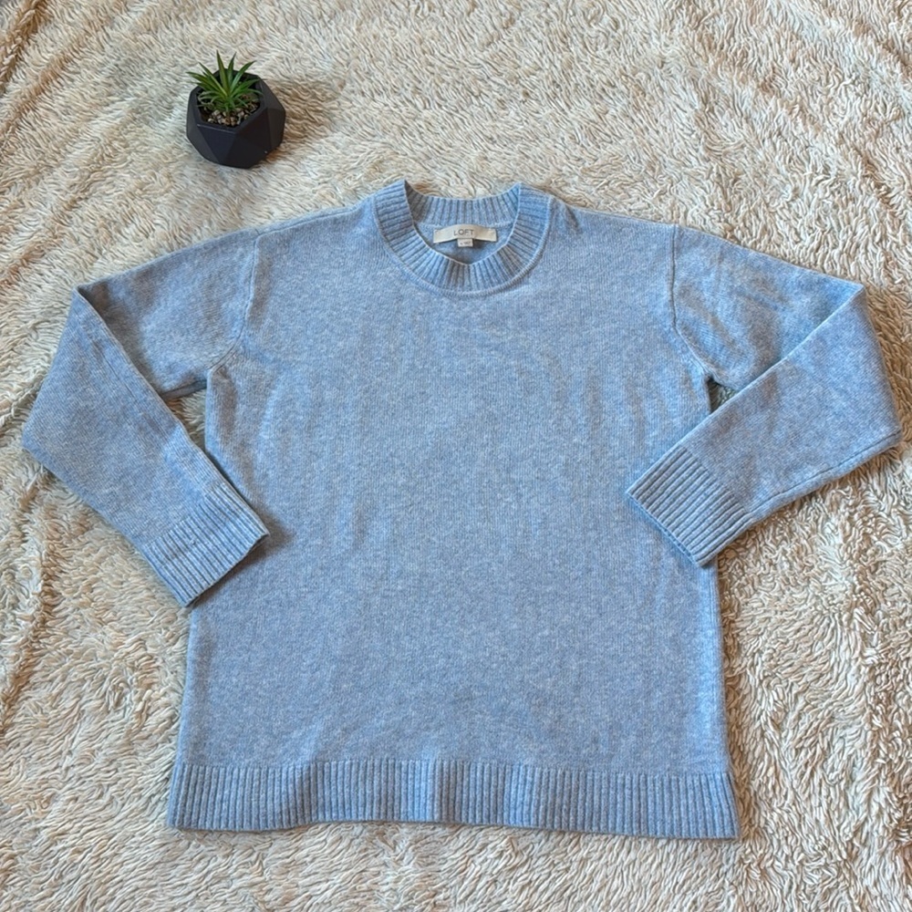 LOFT  Puff Long Sleeve Sweater Top Light Blue Crew Neck Size M